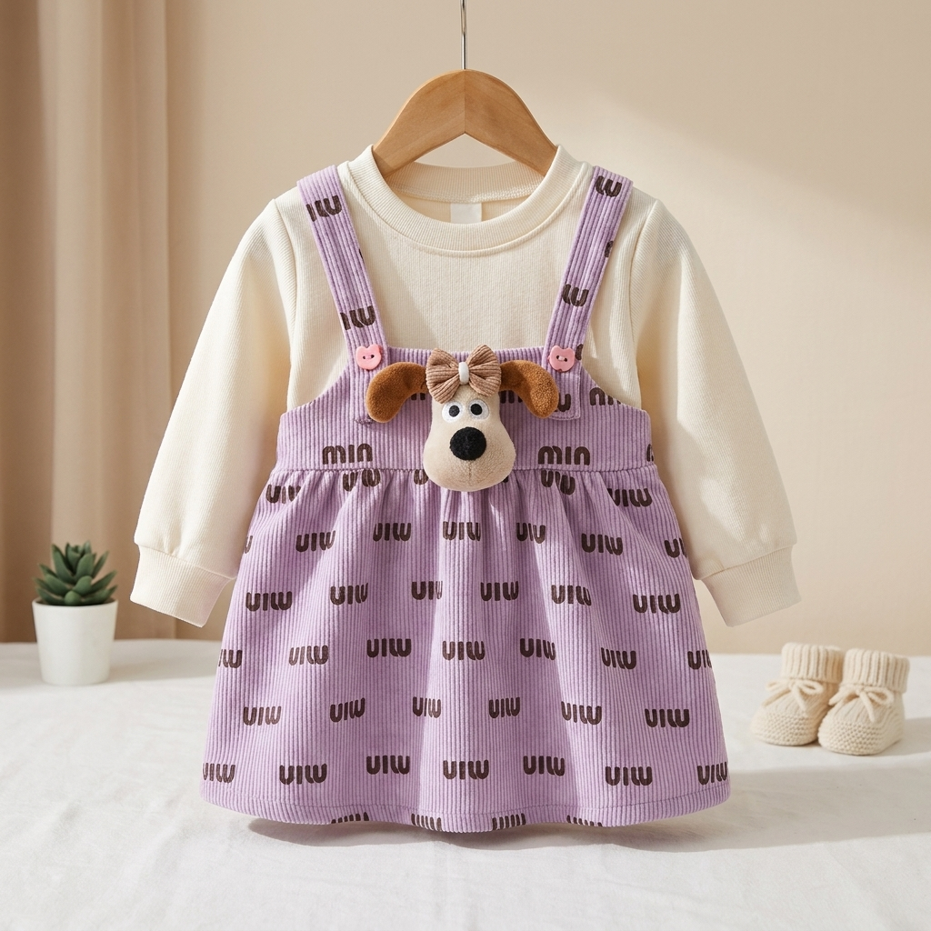 Puppy Charm Corduroy Baby Dress Set – Lavender