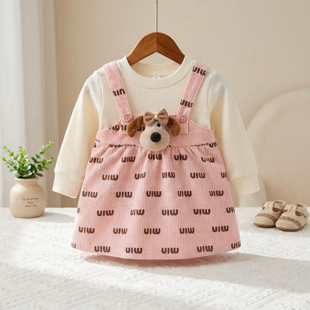 Puppy Charm Corduroy Baby Dress Set – Pink