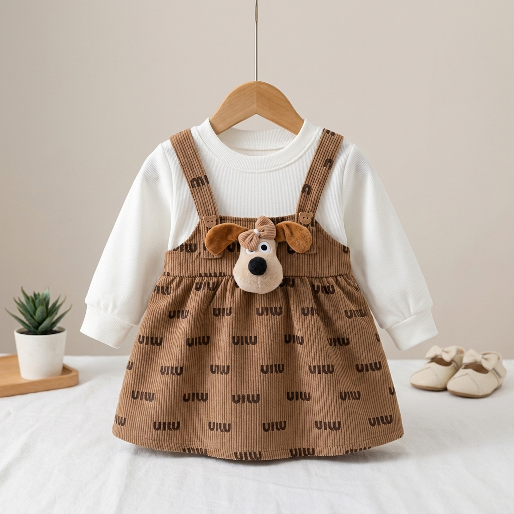 Puppy Charm Corduroy Baby Dress Set – Brown