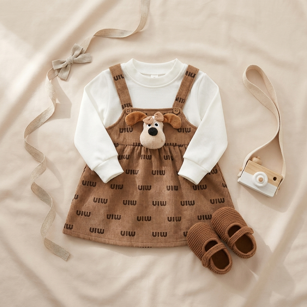 Puppy Charm Corduroy Baby Dress Set – Brown