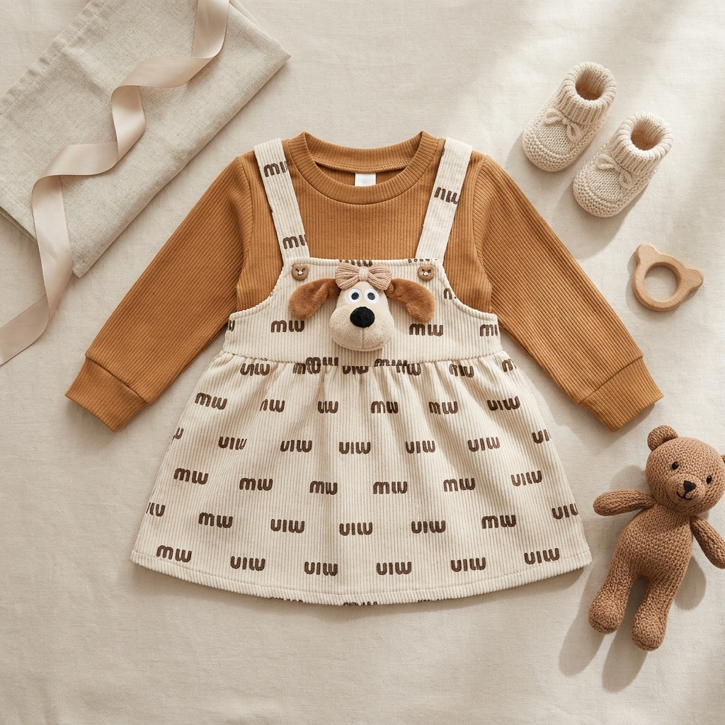 Puppy Charm Corduroy Baby Dress Set – Beige