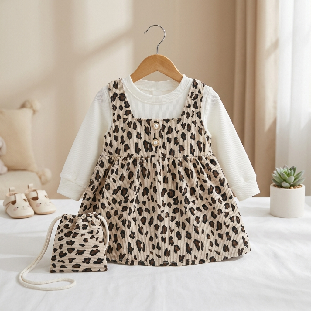 Wild Blossom Leopard Baby Dress Set with Matching Pouch – Beige