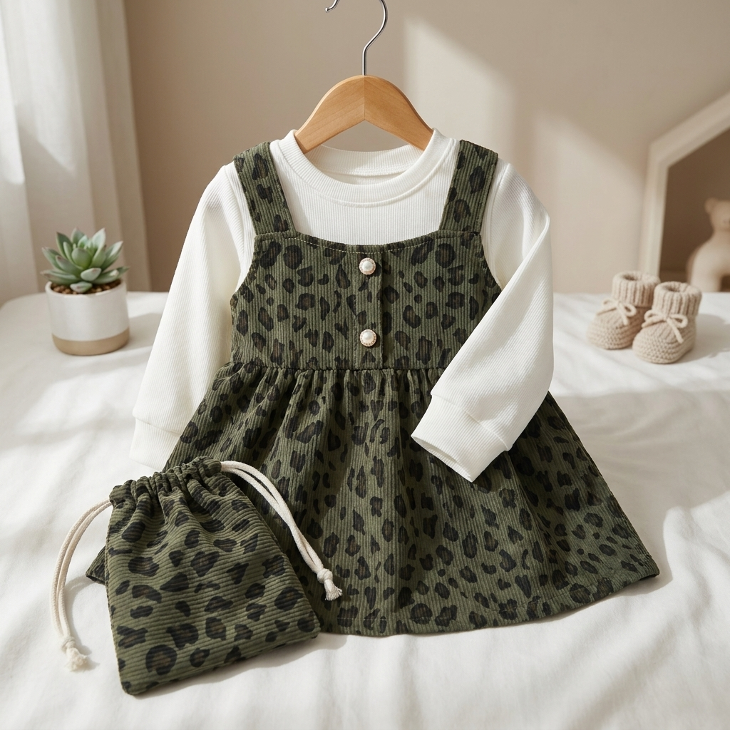 Wild Blossom Leopard Baby Dress Set with Matching Pouch – Olive Green