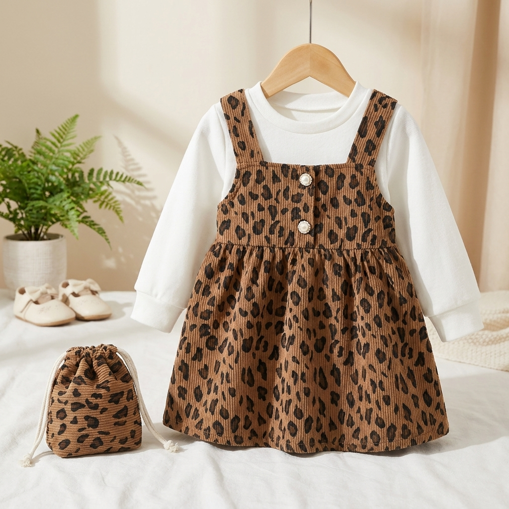 Wild Blossom Leopard Baby Dress Set with Matching Pouch – Brown