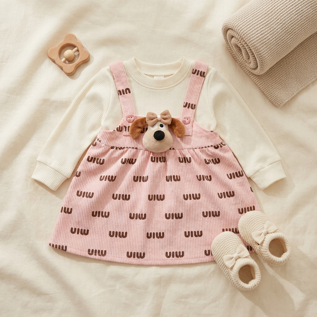Puppy Charm Corduroy Baby Dress Set – Pink