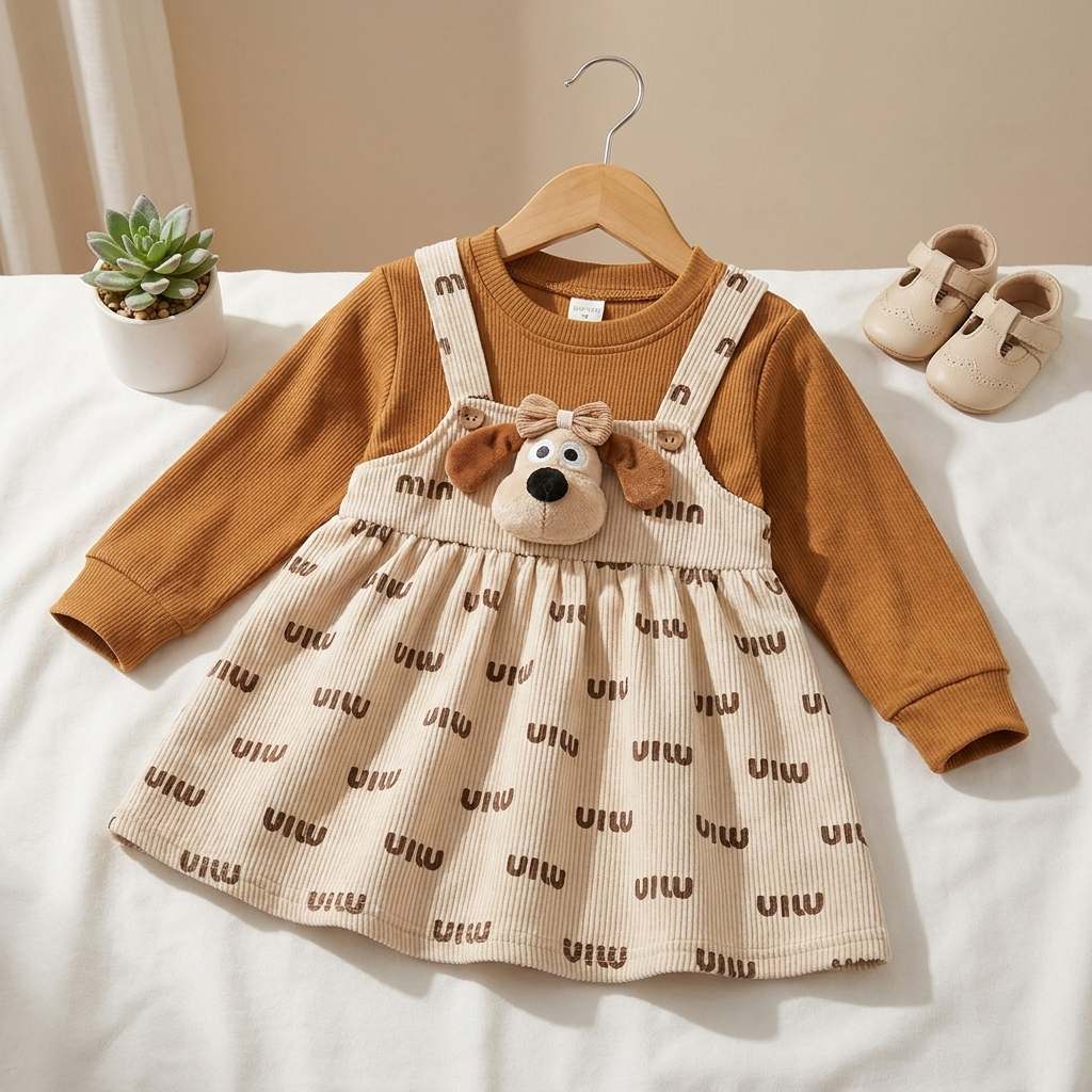 Puppy Charm Corduroy Baby Dress Set – Beige