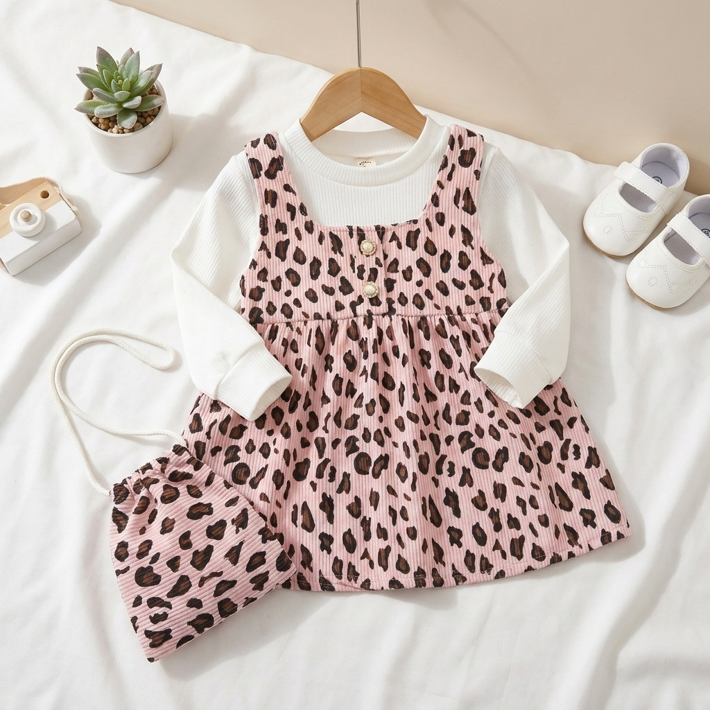 Wild Blossom Leopard Baby Dress Set with Matching Pouch – Pink