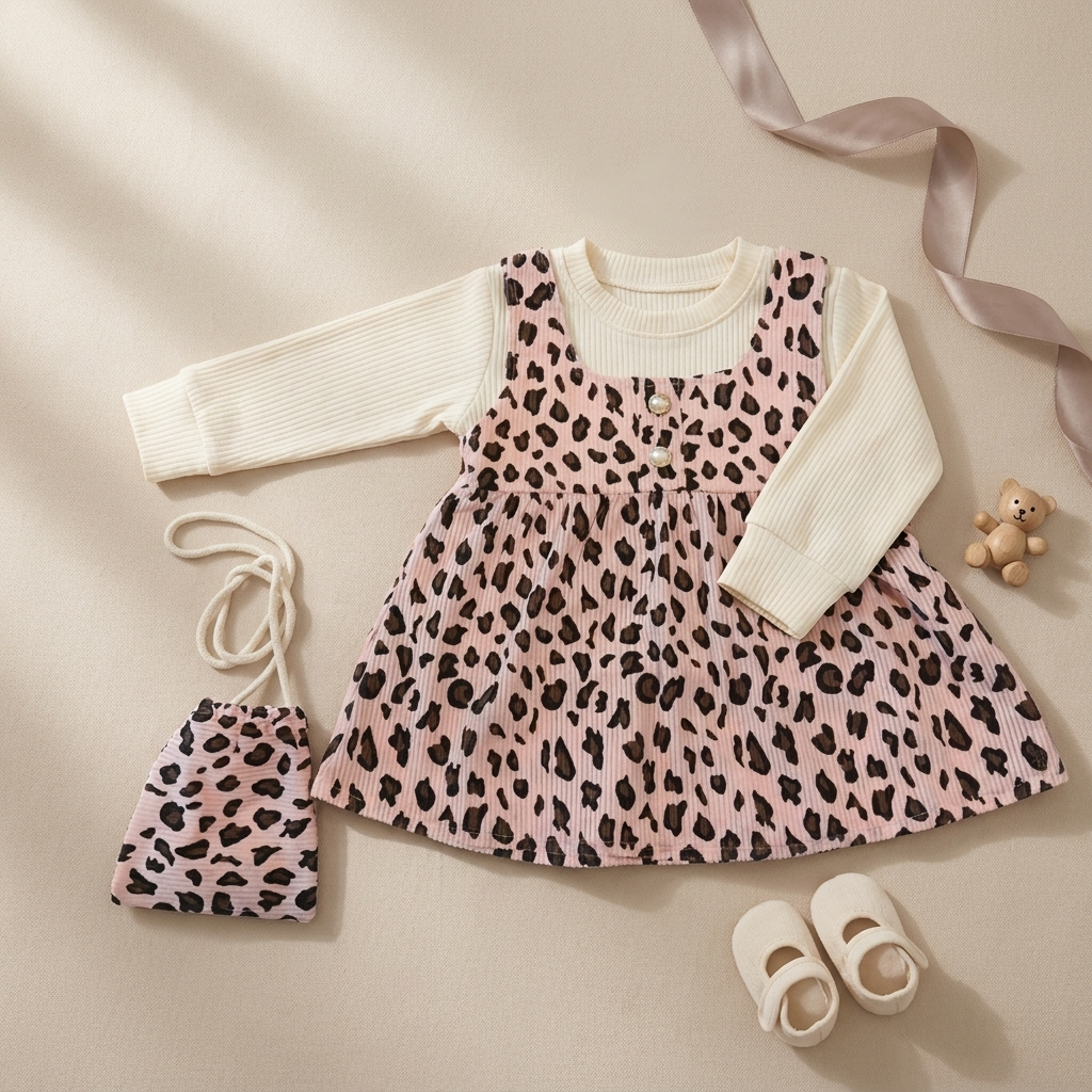Wild Blossom Leopard Baby Dress Set with Matching Pouch – Pink