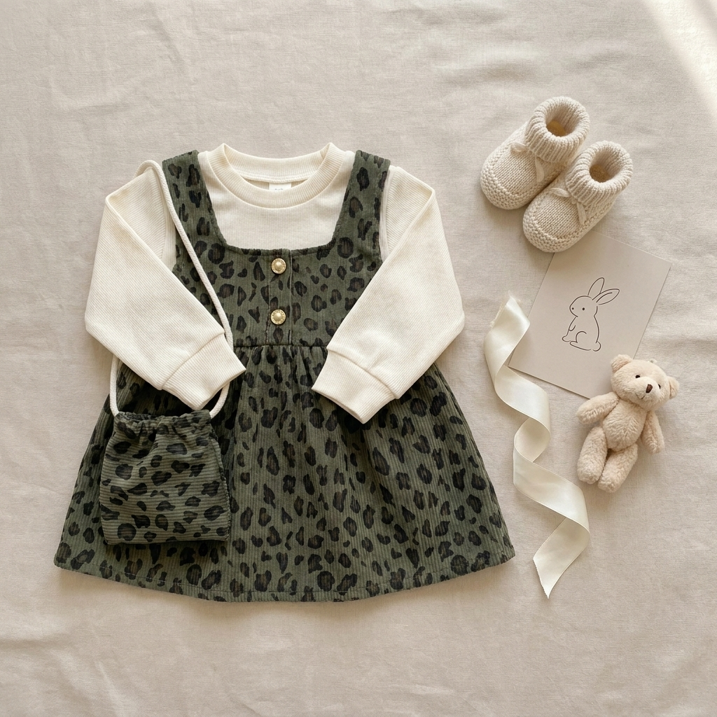 Wild Blossom Leopard Baby Dress Set with Matching Pouch – Olive Green