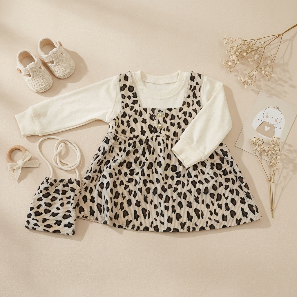 Wild Blossom Leopard Baby Dress Set with Matching Pouch – Beige