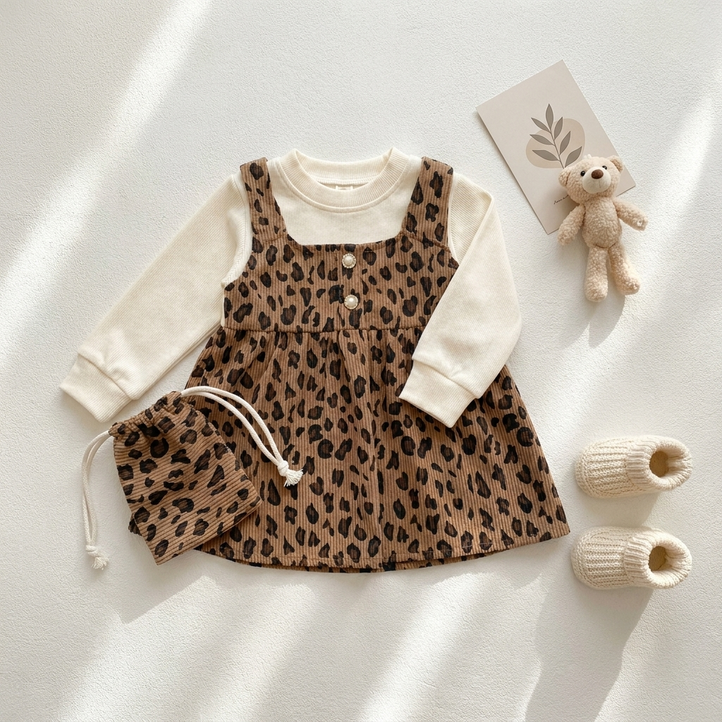 Wild Blossom Leopard Baby Dress Set with Matching Pouch – Brown