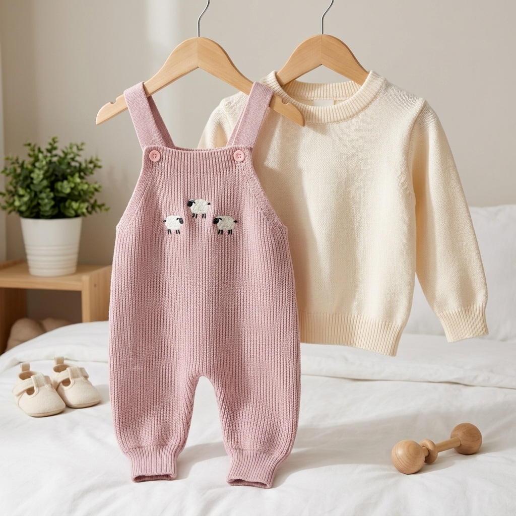 Little Lamb Knit Dungaree Romper Set – Pink