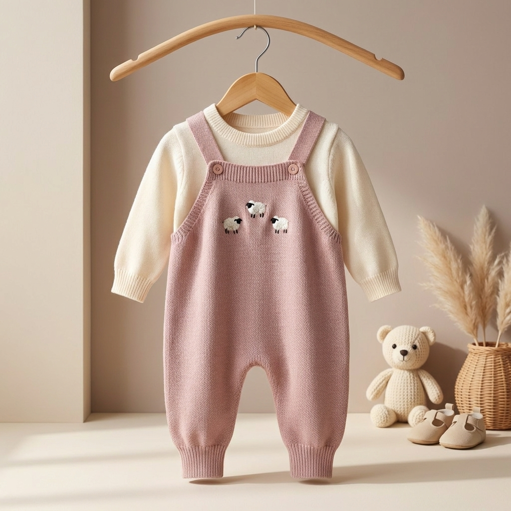 Little Lamb Knit Dungaree Romper Set – Pink