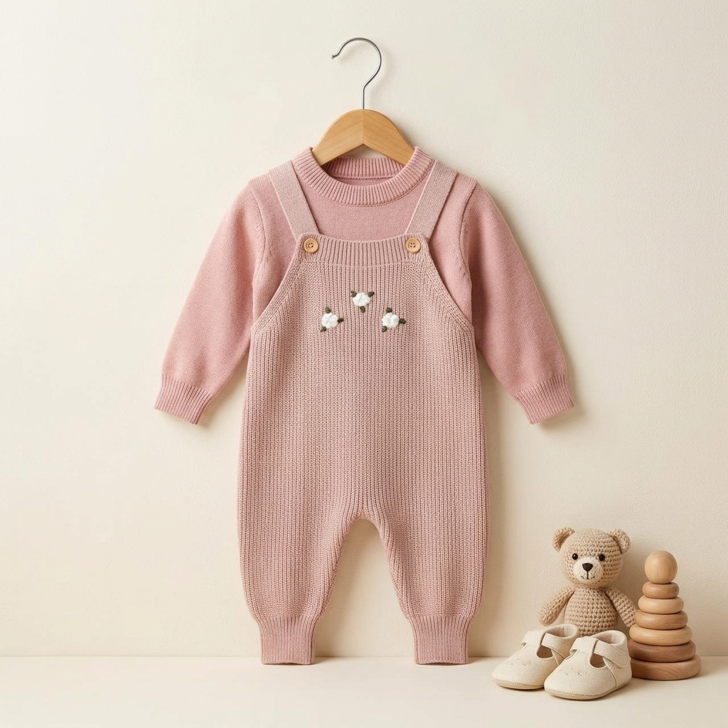 Blossom Knit Dungaree Romper Set – Pink
