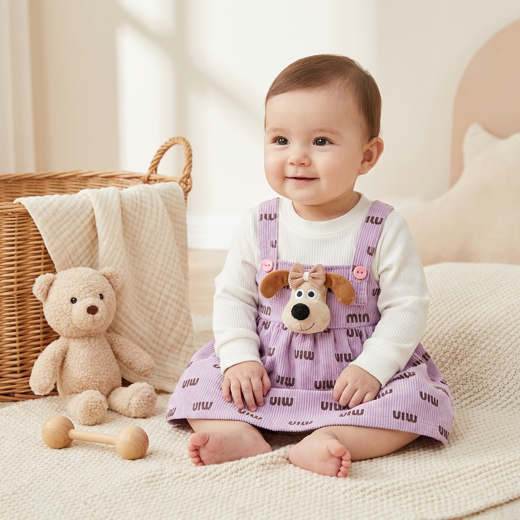 Puppy Charm Corduroy Baby Dress Set – Lavender