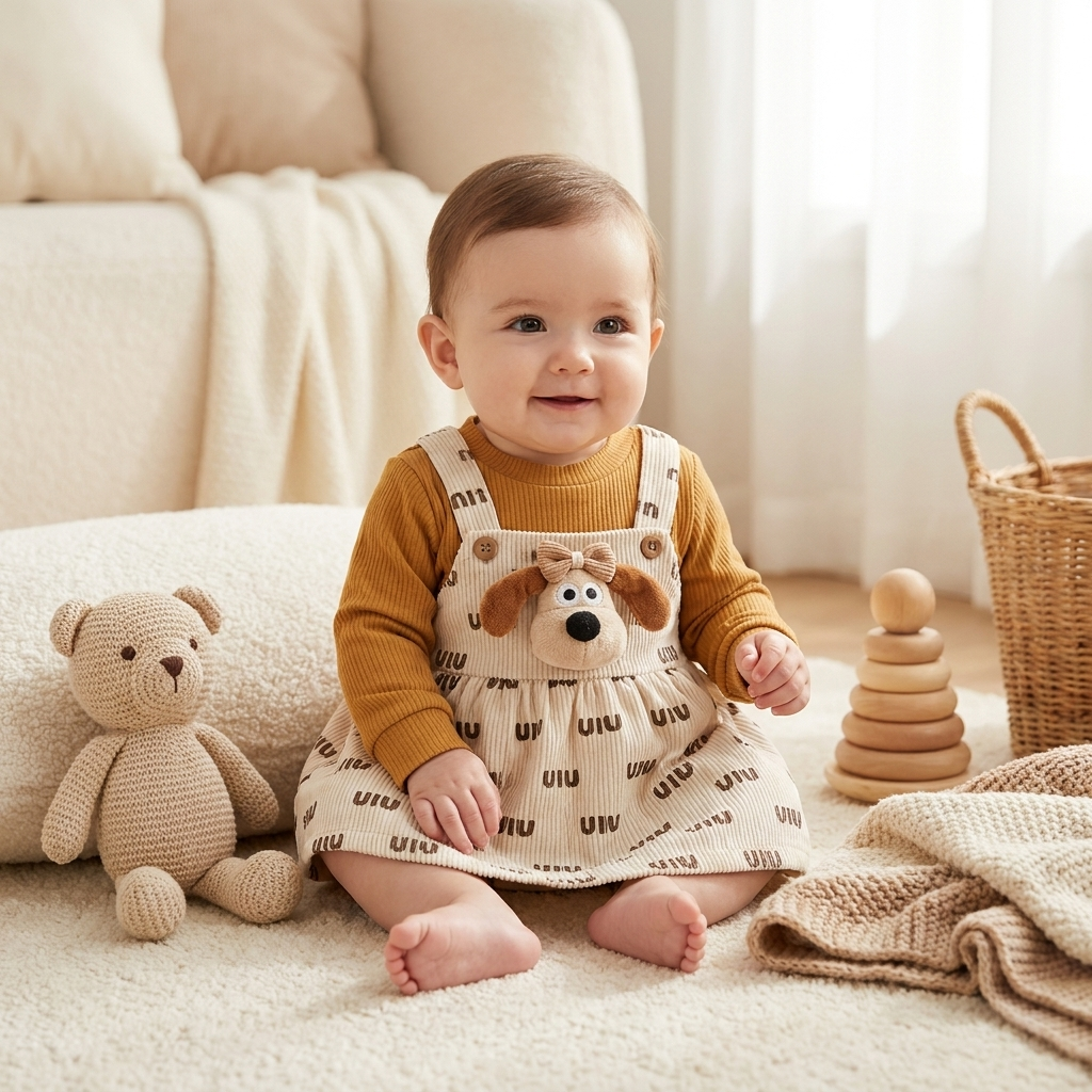 Puppy Charm Corduroy Baby Dress Set – Beige