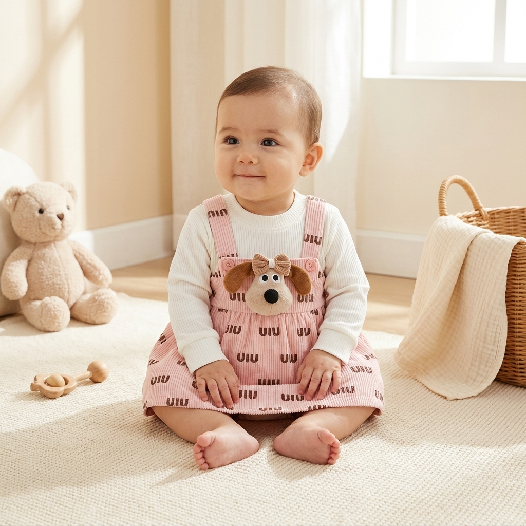 Puppy Charm Corduroy Baby Dress Set – Pink