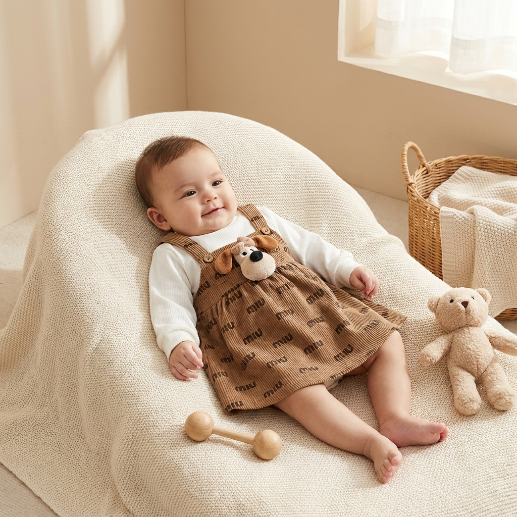 Puppy Charm Corduroy Baby Dress Set – Brown