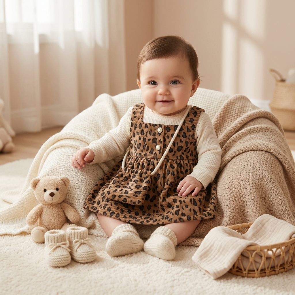 Wild Blossom Leopard Baby Dress Set with Matching Pouch – Brown