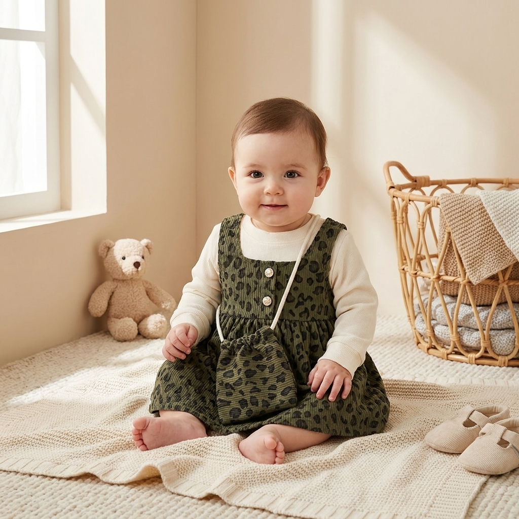 Wild Blossom Leopard Baby Dress Set with Matching Pouch – Olive Green