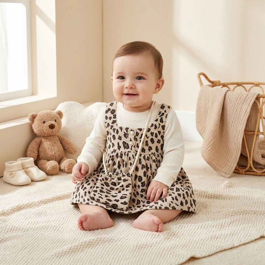 Wild Blossom Leopard Baby Dress Set with Matching Pouch – Beige