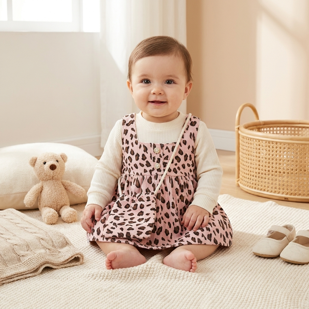 Wild Blossom Leopard Baby Dress Set with Matching Pouch – Pink