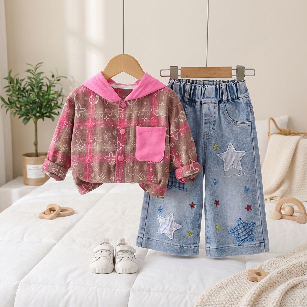 Star Denim Hooded Shirt & Jeans Set