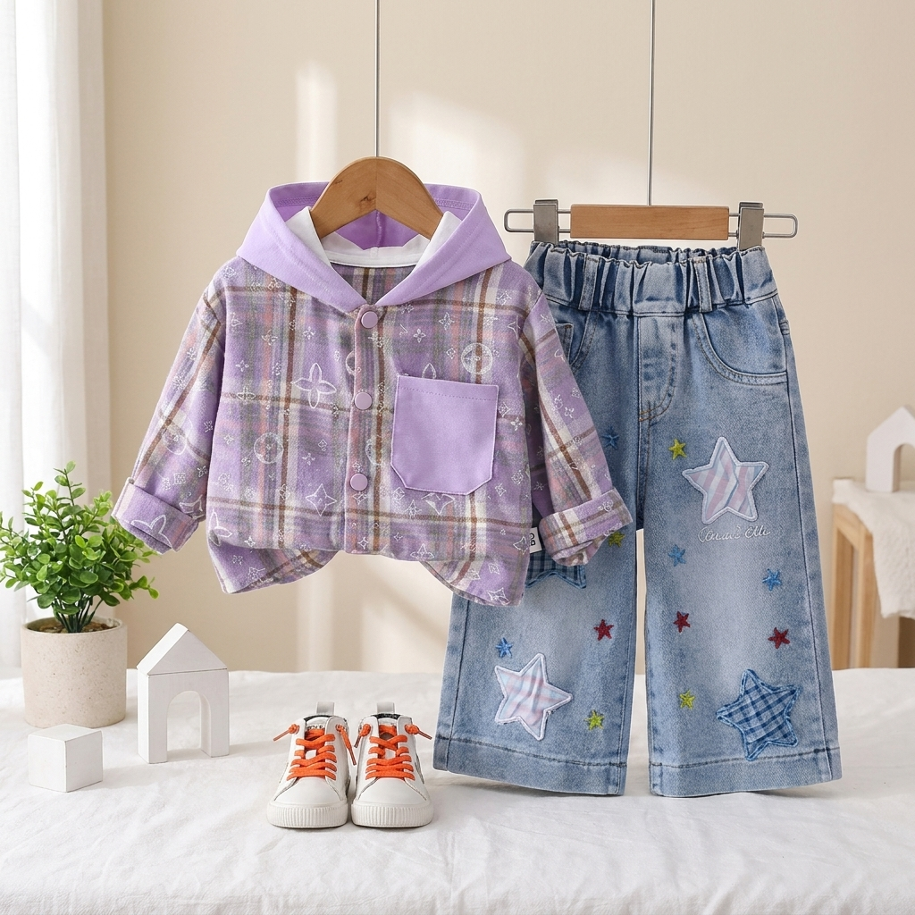 Star Denim Hooded Shirt & Jeans Set