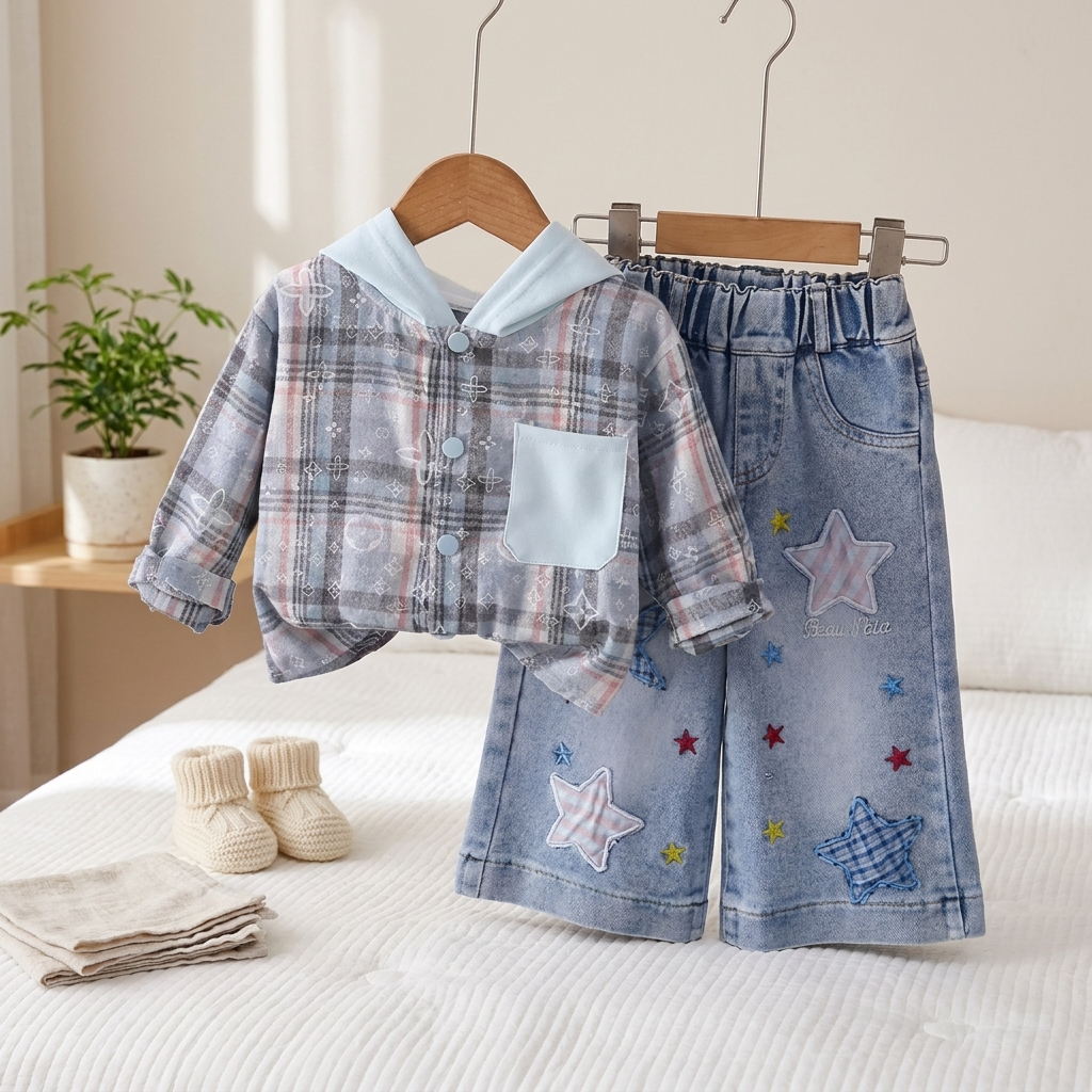 Star Denim Hooded Shirt & Jeans Set