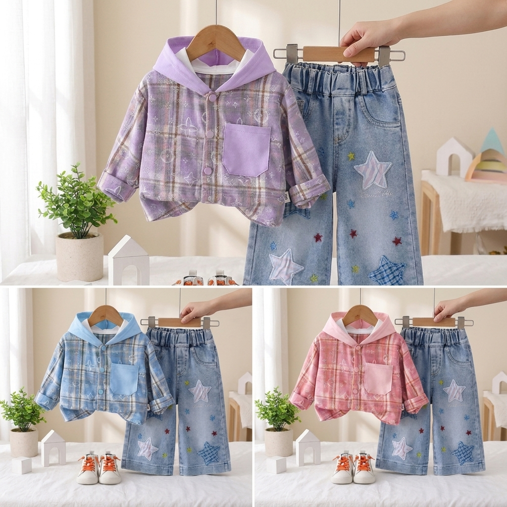 Star Denim Hooded Shirt & Jeans Set