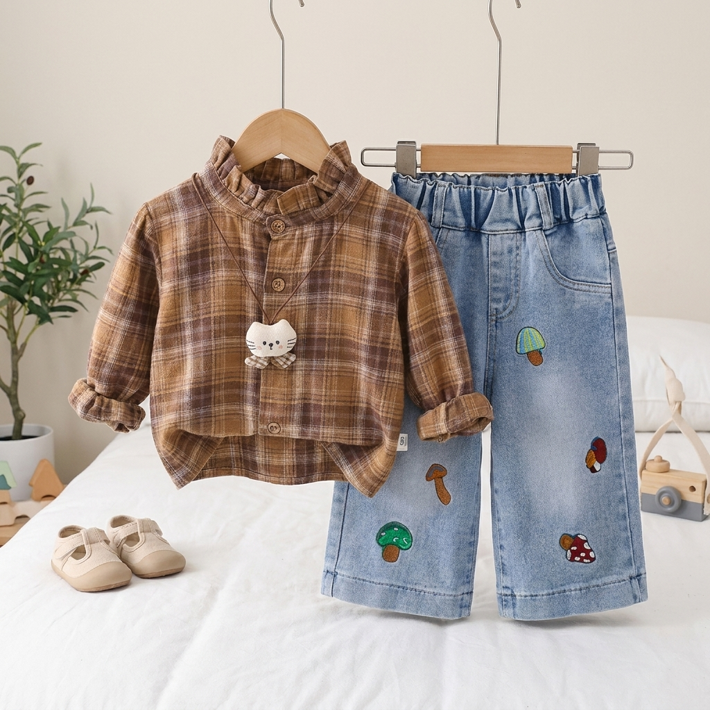 Girls Plaid Shirt & Denim Trouser 2-Piece Set