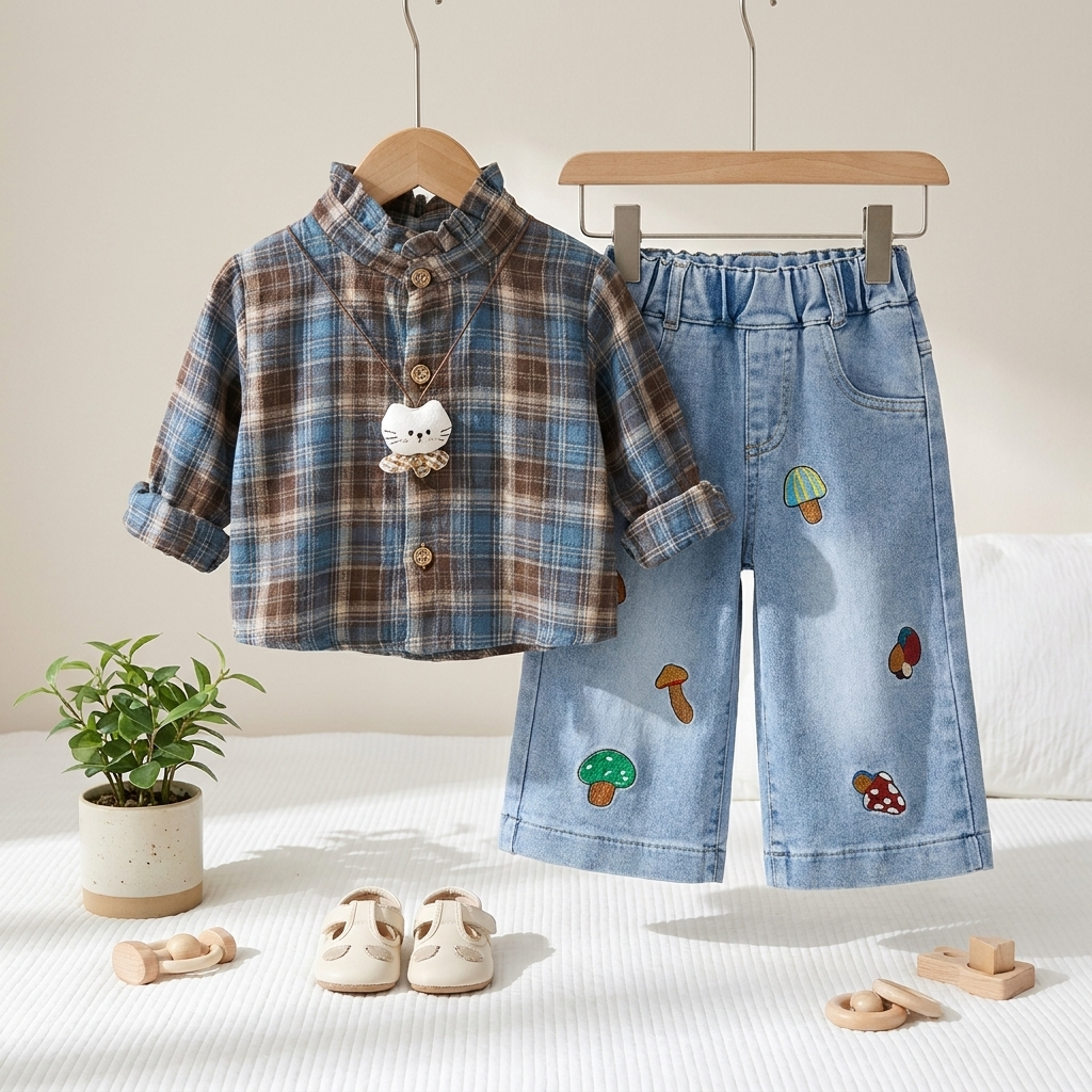 Girls Plaid Shirt & Denim Trouser 2-Piece Set