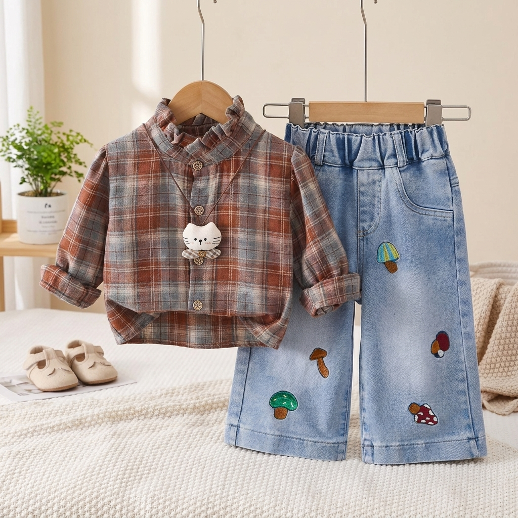 Girls Plaid Shirt & Denim Trouser 2-Piece Set