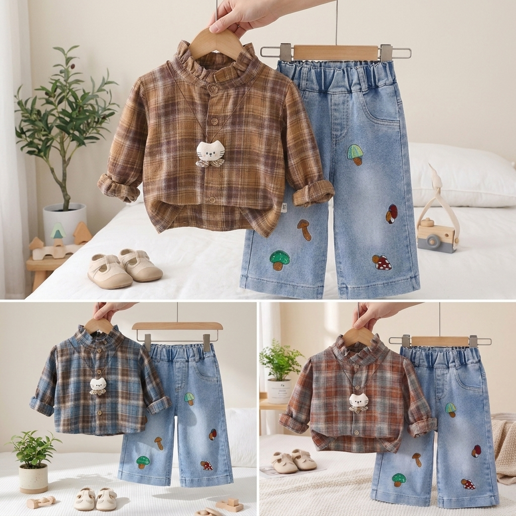 Girls Plaid Shirt & Denim Trouser 2-Piece Set