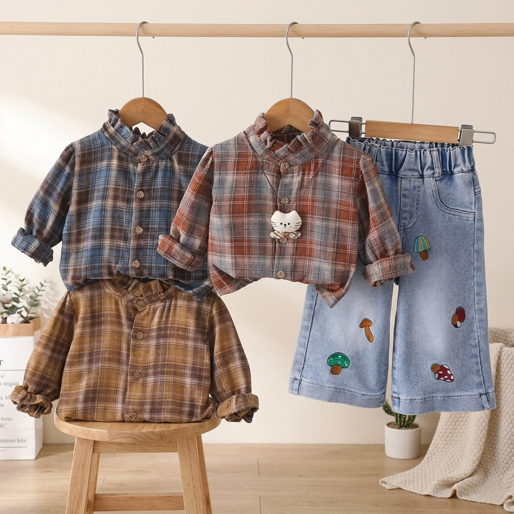 Girls Plaid Shirt & Denim Trouser 2-Piece Set