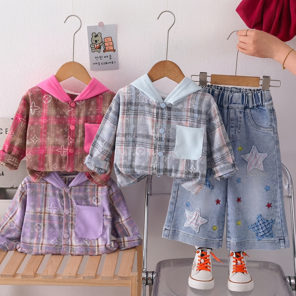 Star Denim Hooded Shirt & Jeans Set