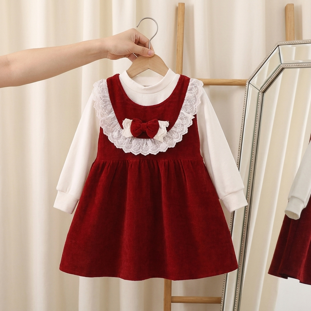 Girls Velvet Bow Lace Dress with Inner Top