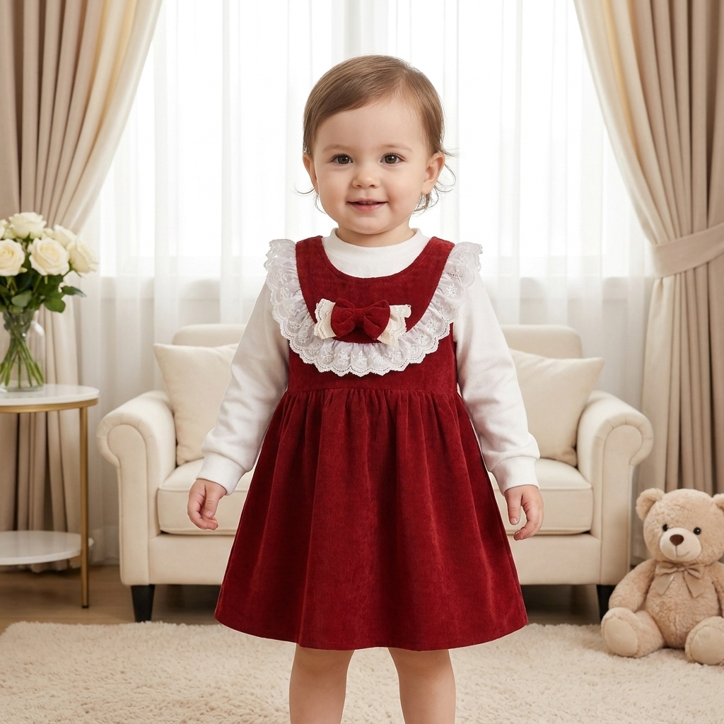 Girls Velvet Bow Lace Dress with Inner Top