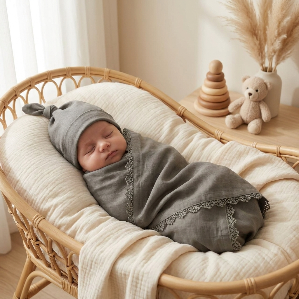 Premium Cotton Muslin Baby Wrapping Sheet with Matching Knot Cap