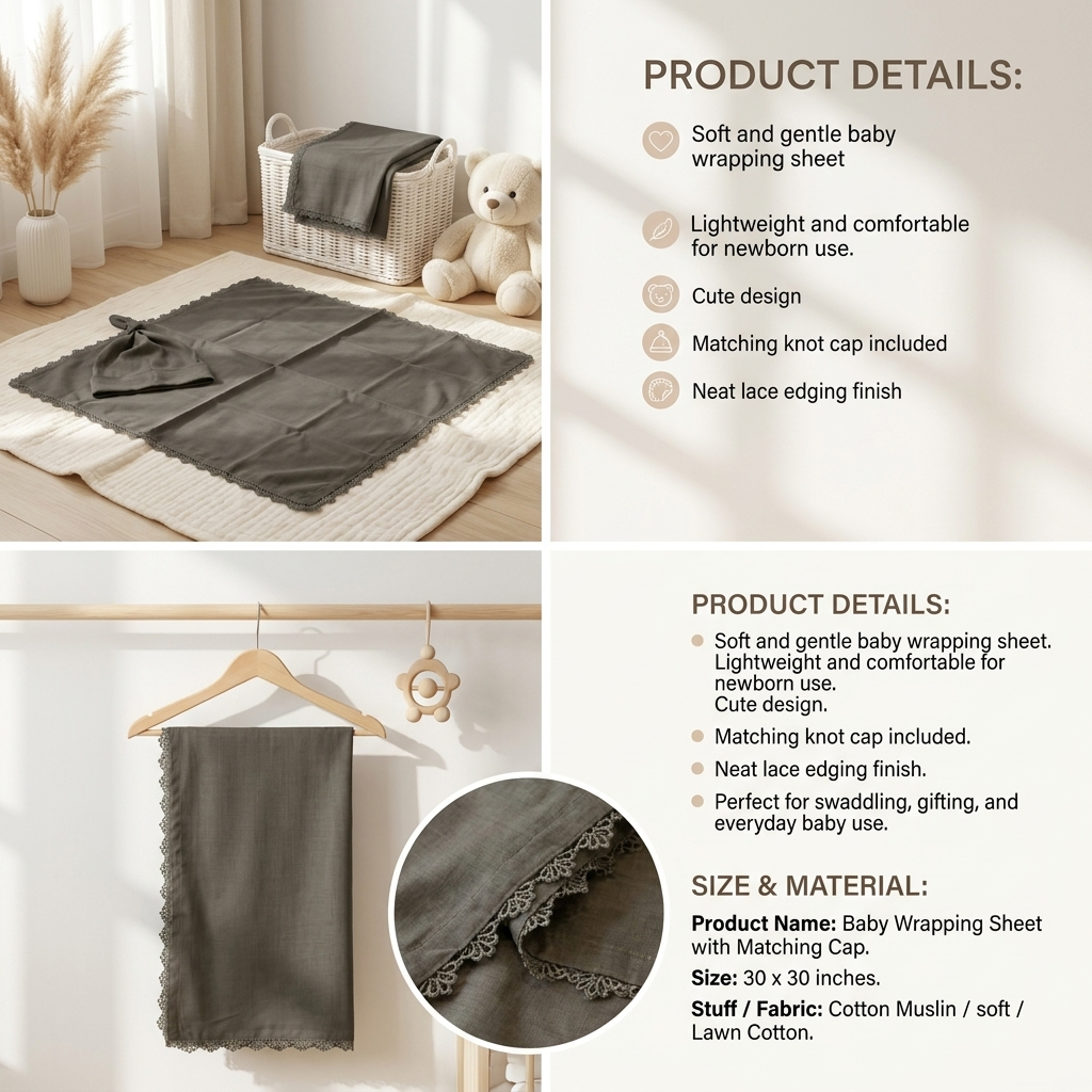 Premium Cotton Muslin Baby Wrapping Sheet with Matching Knot Cap