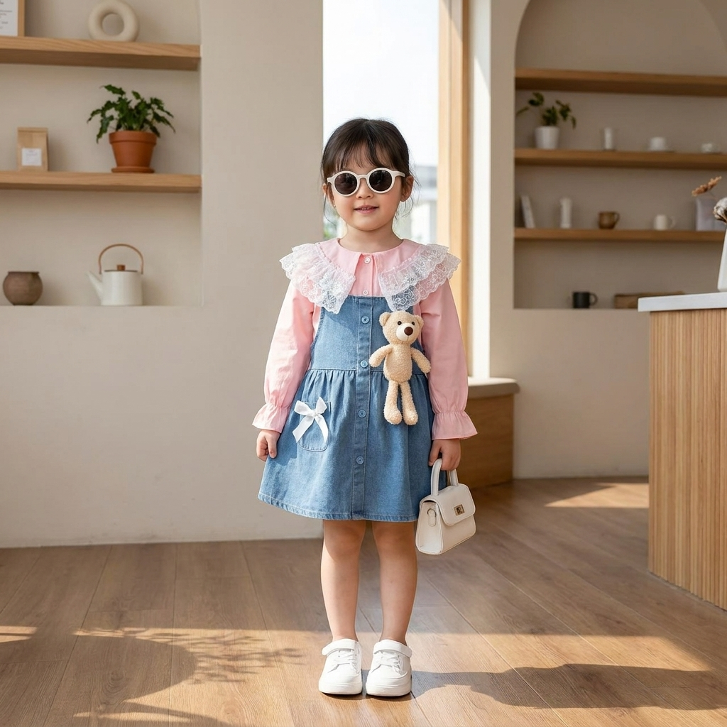 Baby Girls Lace Denim Dress Set with Teddy Bear