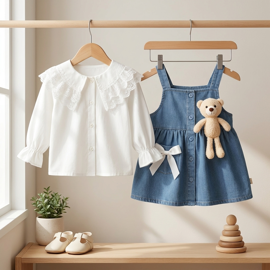 Baby Girls Lace Denim Dress Set with Teddy Bear