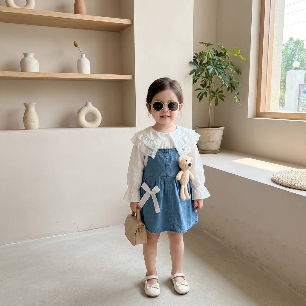 Baby Girls Lace Denim Dress Set with Teddy Bear