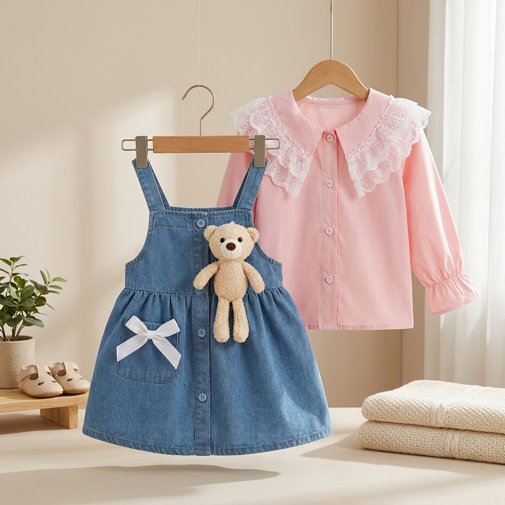 Baby Girls Lace Denim Dress Set with Teddy Bear