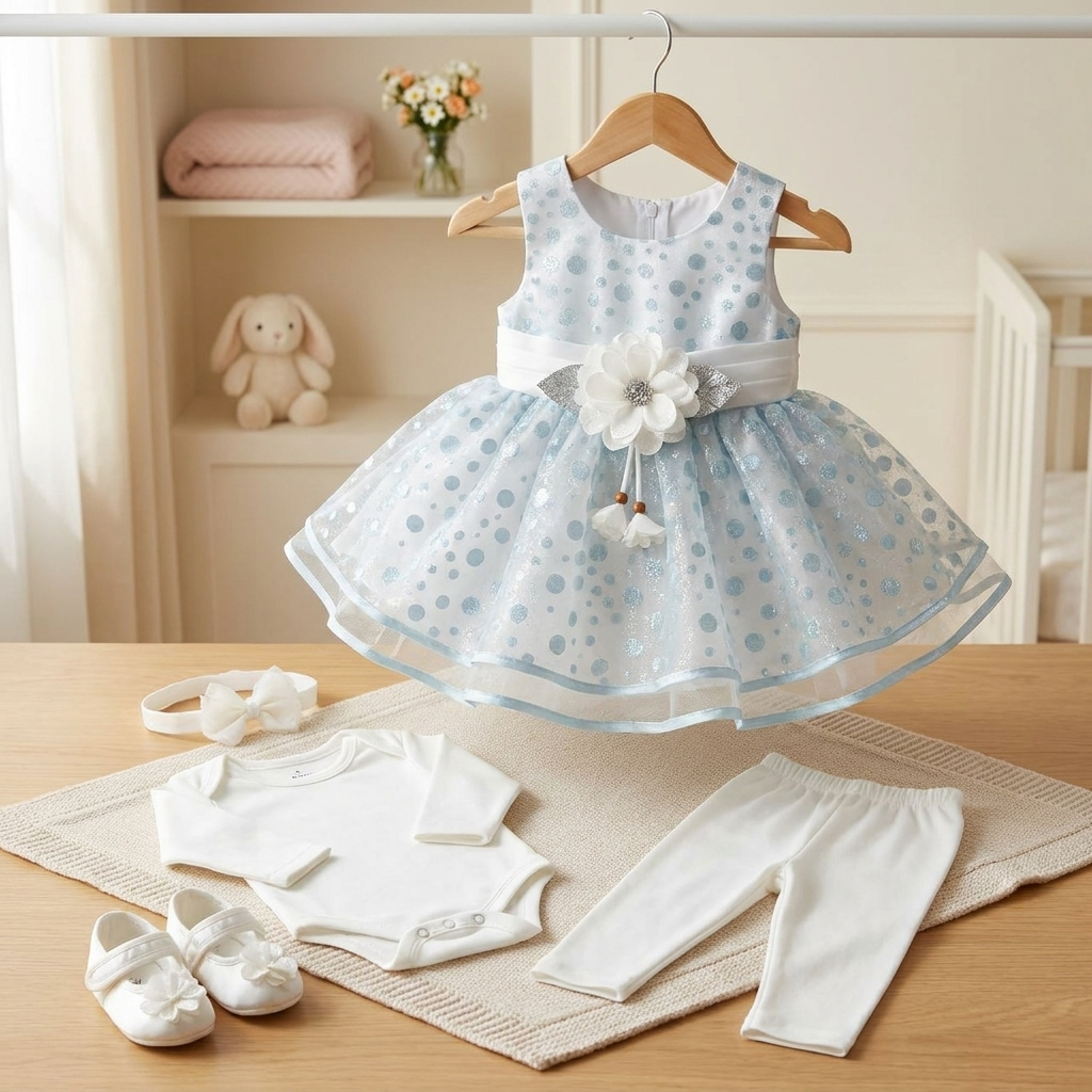 Baby Girls Party Dress Set with Bodysuit & Leggings – 3 Piece Outfit