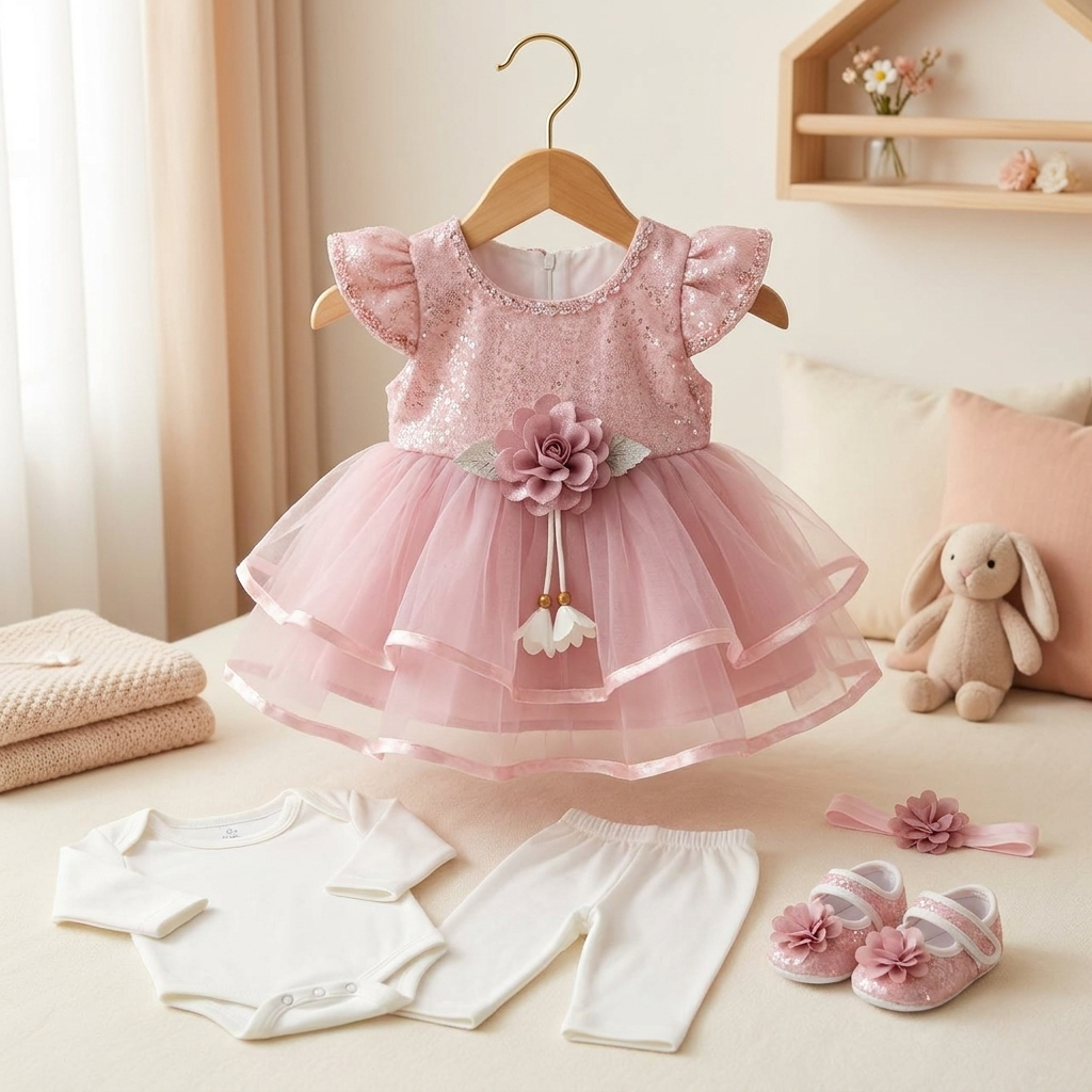 Baby Girls Party Dress Set with Bodysuit & Leggings – 3 Piece Outfit
