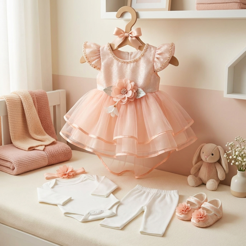 Baby Girls Party Dress Set with Bodysuit & Leggings – 3 Piece Outfit