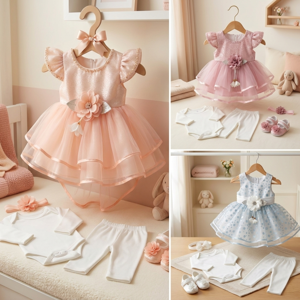 Baby Girls Party Dress Set with Bodysuit & Leggings – 3 Piece Outfit