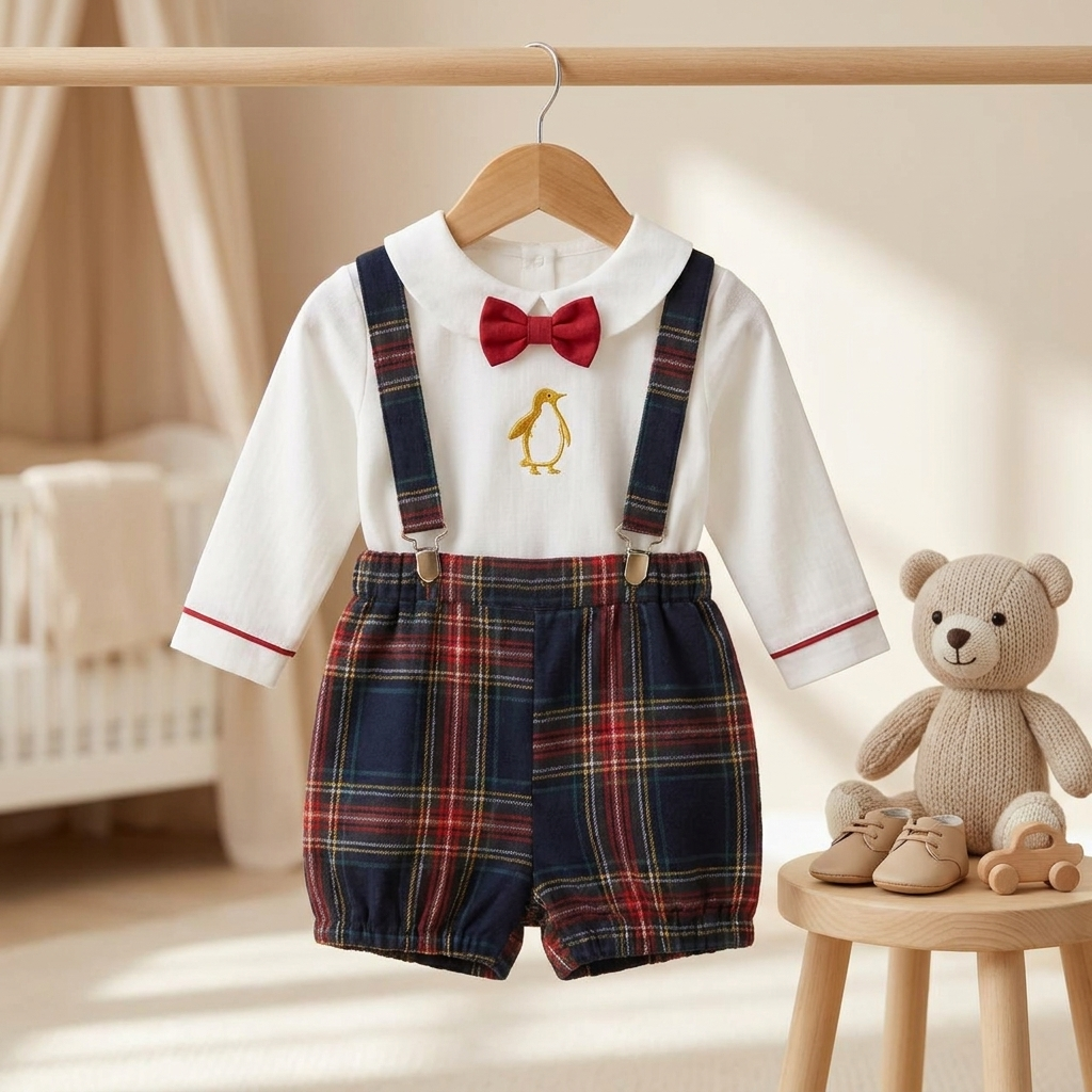 Baby Gentleman Plaid Suspender Romper Set