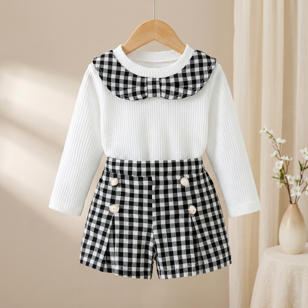 Girls Gingham Collar Top & Shorts 2 Piece Set